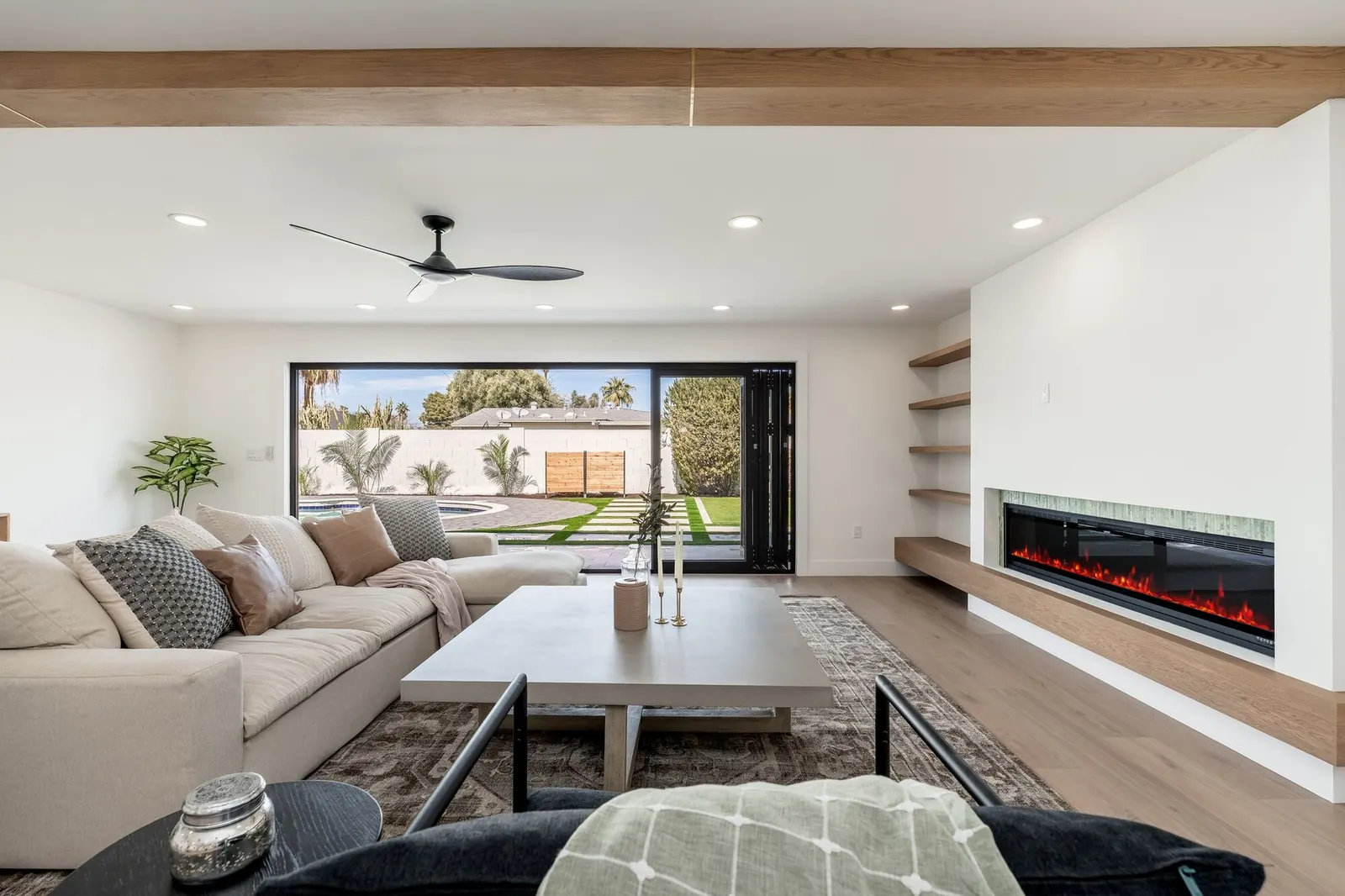 Living room with linear fireplace