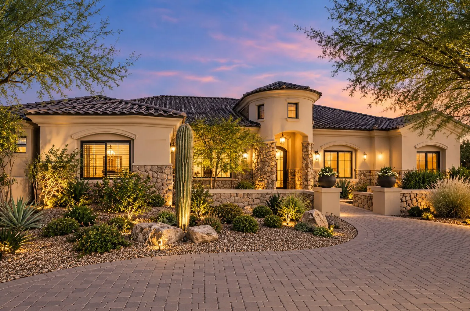 Custom desert home at dusk