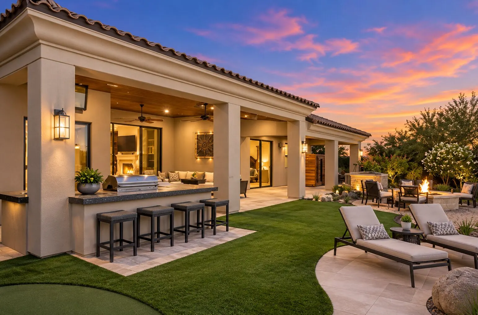 Covered patio and outdoor kitchen at dusk