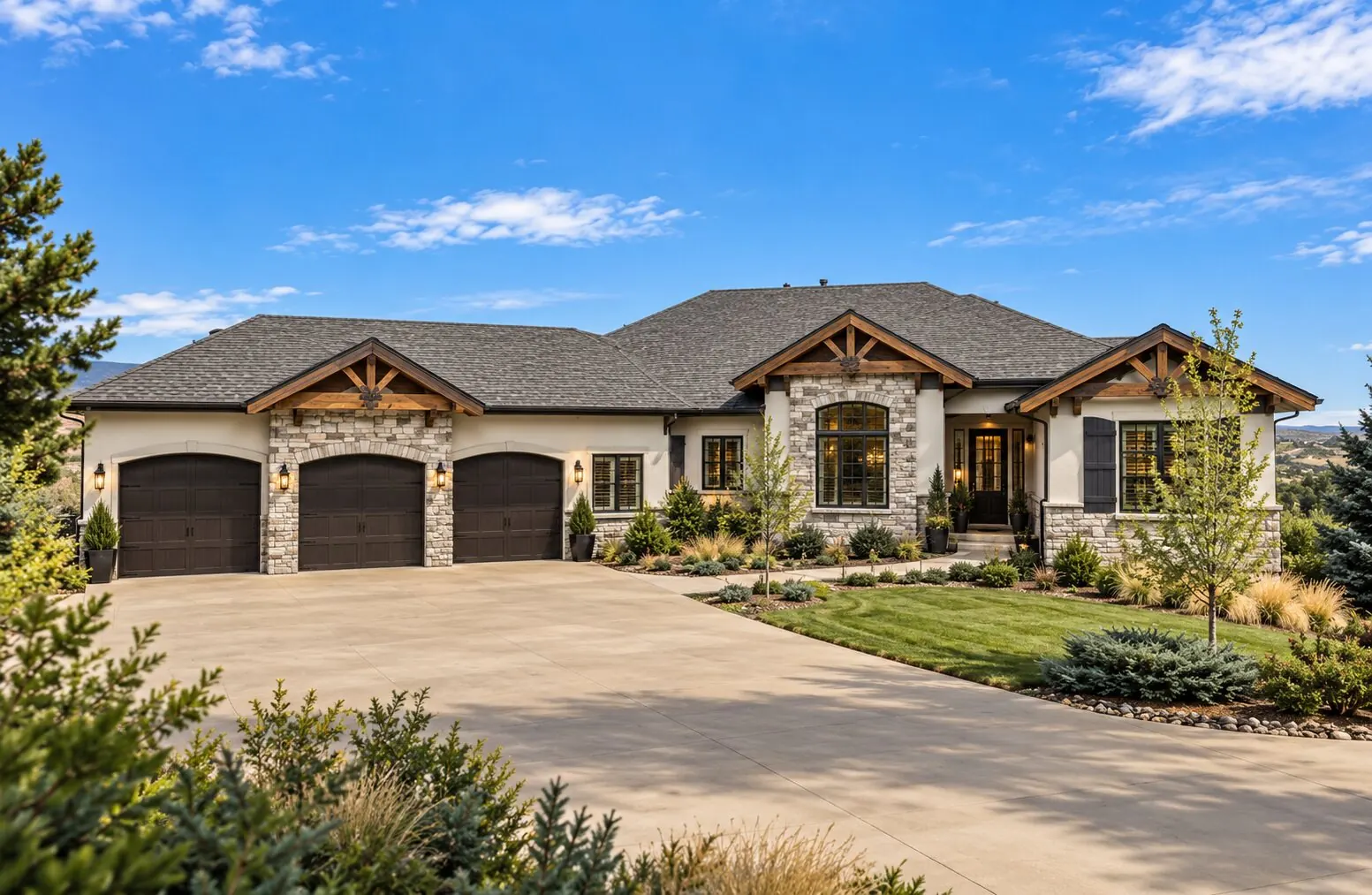 Custom home with timber gables and three-car garage
