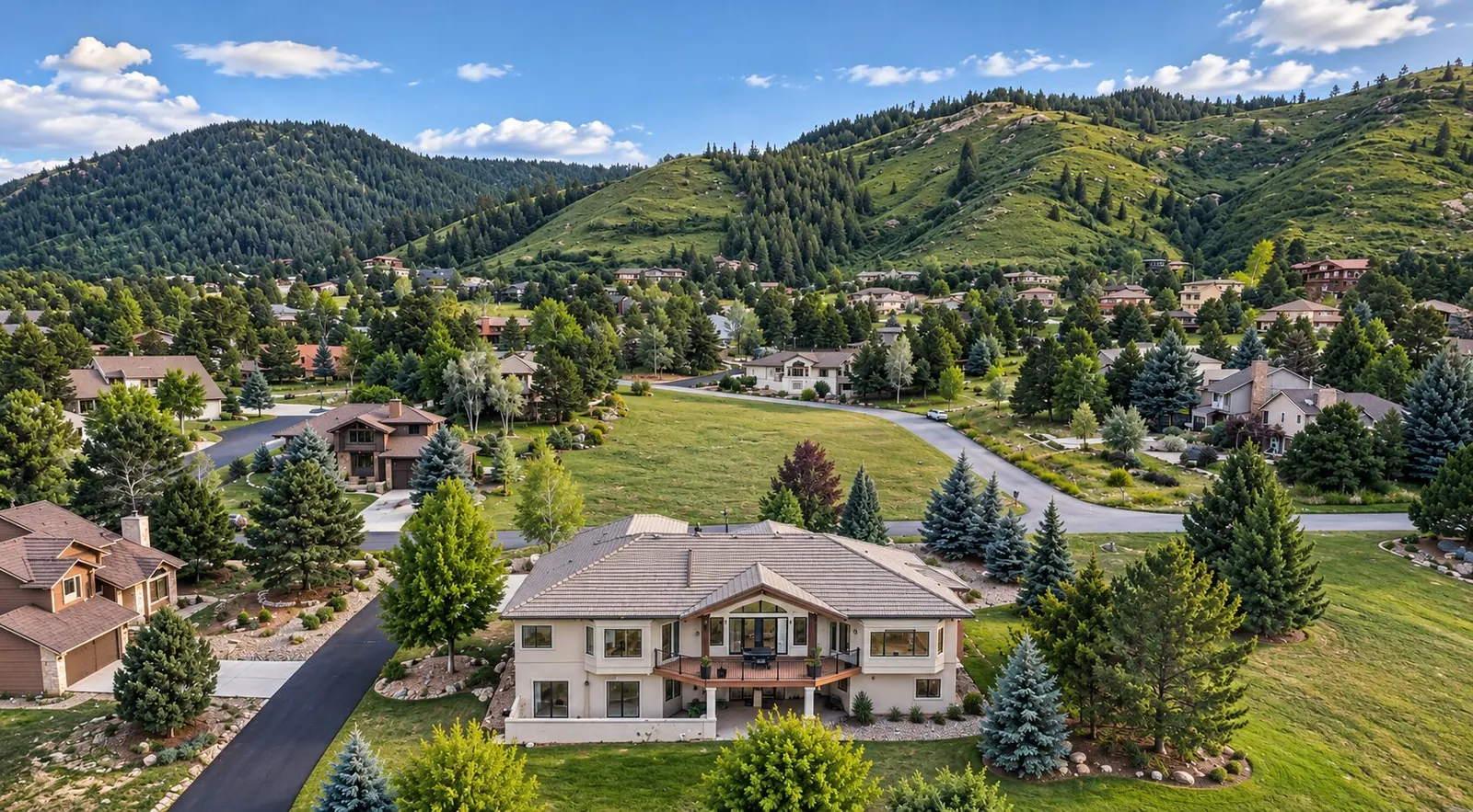 Aerial view of a custom home below the foothills