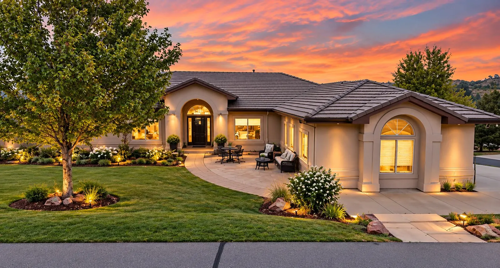 Custom home at sunset